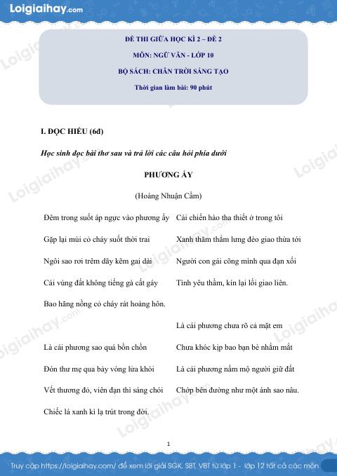 Đề thi giữa kì 2 Văn 10 Chân trời sáng tạo - Đề số 2